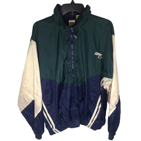 Bike Athletic Jacket Mens Large Green Navy Colorblock Windbreaker Stowaway Hood - Picture 1 of 15